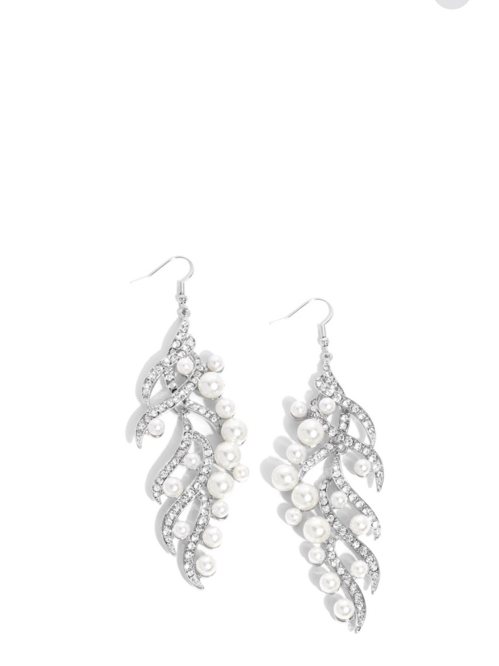 E-48 Silver Pearl Drop Leaf Earrings - White